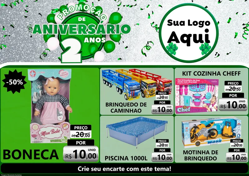 Modelo de Encarte para Encarte A4 Horizontal com o tema Promoção de Aniversário - 2 Anos para Brinquedos