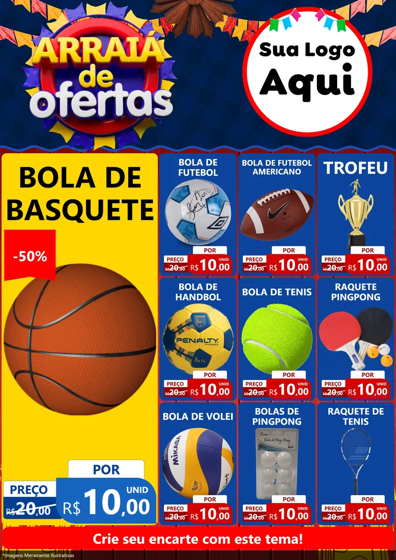 Modelo de Encarte para Encarte A4 Vertical com o tema Arraiá de Ofertas para Artigos Esportivos
