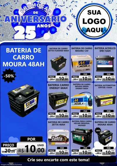 Modelo de Encarte para Encarte A4 Vertical com o tema Promoção de Aniversário - 25 Anos para Baterias Elétricas
