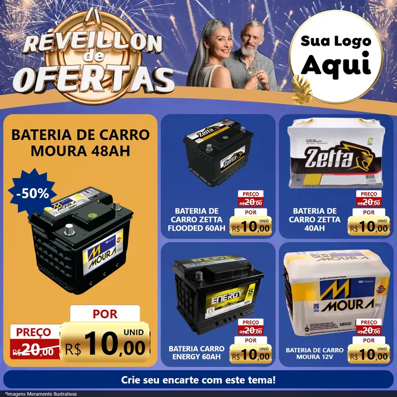 Modelo de Rede Social para Feed Facebook com o tema Réveillon de Ofertas para Baterias Elétricas