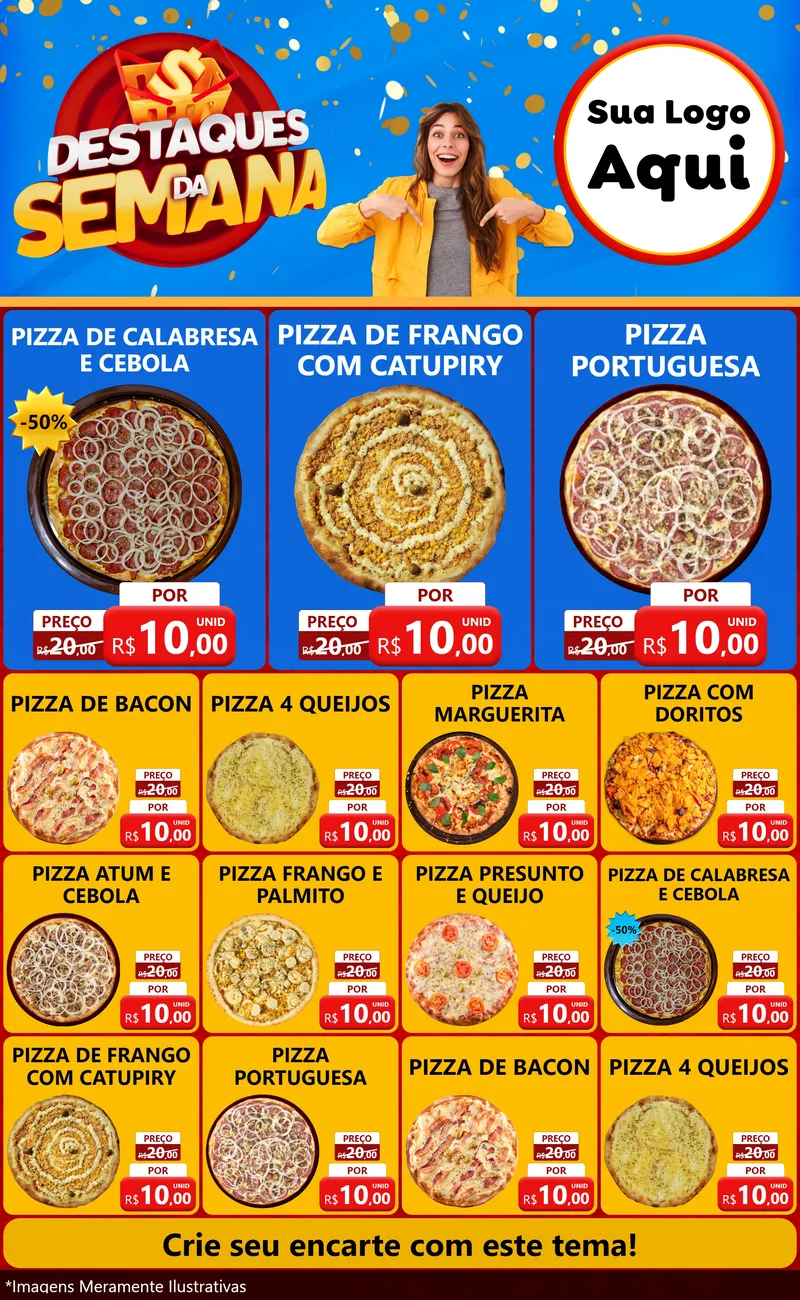 Modelo de Encarte para Encarte Grande com o tema Destaques da Semana para Pizzaria