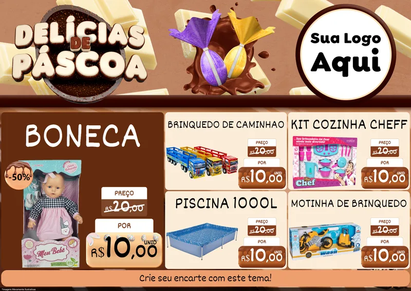 Modelo de Encarte para Encarte A4 Horizontal com o tema Delícias de Páscoa para Brinquedos