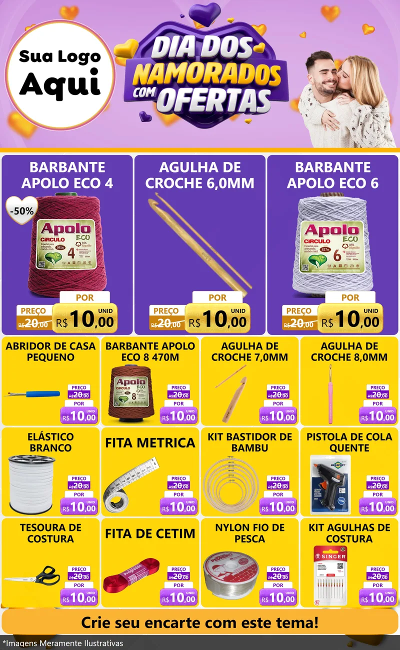 Modelo de Encarte para Encarte Grande com o tema Dia Dos Namorados Com Ofertas para Armarinho e Aviamentos