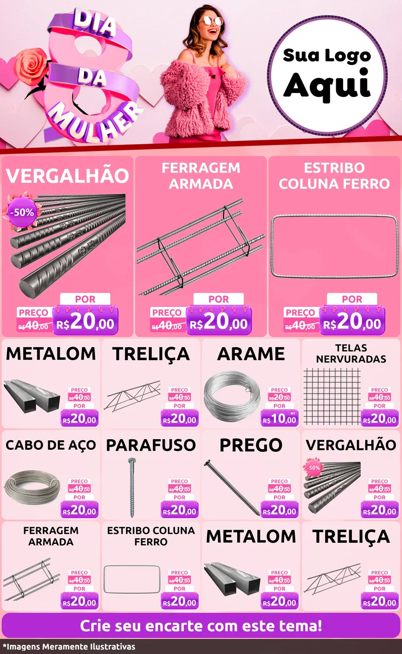 Modelo de Encarte para Encarte Grande com o tema Dia da Mulher para Ferragens