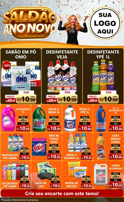 Modelo de Encarte para Encarte Grande com o tema Saldão de Ano Novo para Produtos de Limpeza