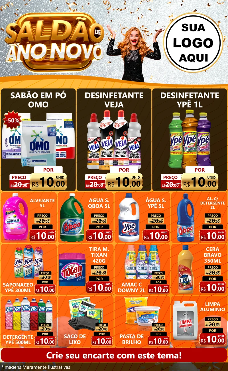 Modelo de Encarte para Encarte Grande com o tema Saldão de Ano Novo para Produtos de Limpeza