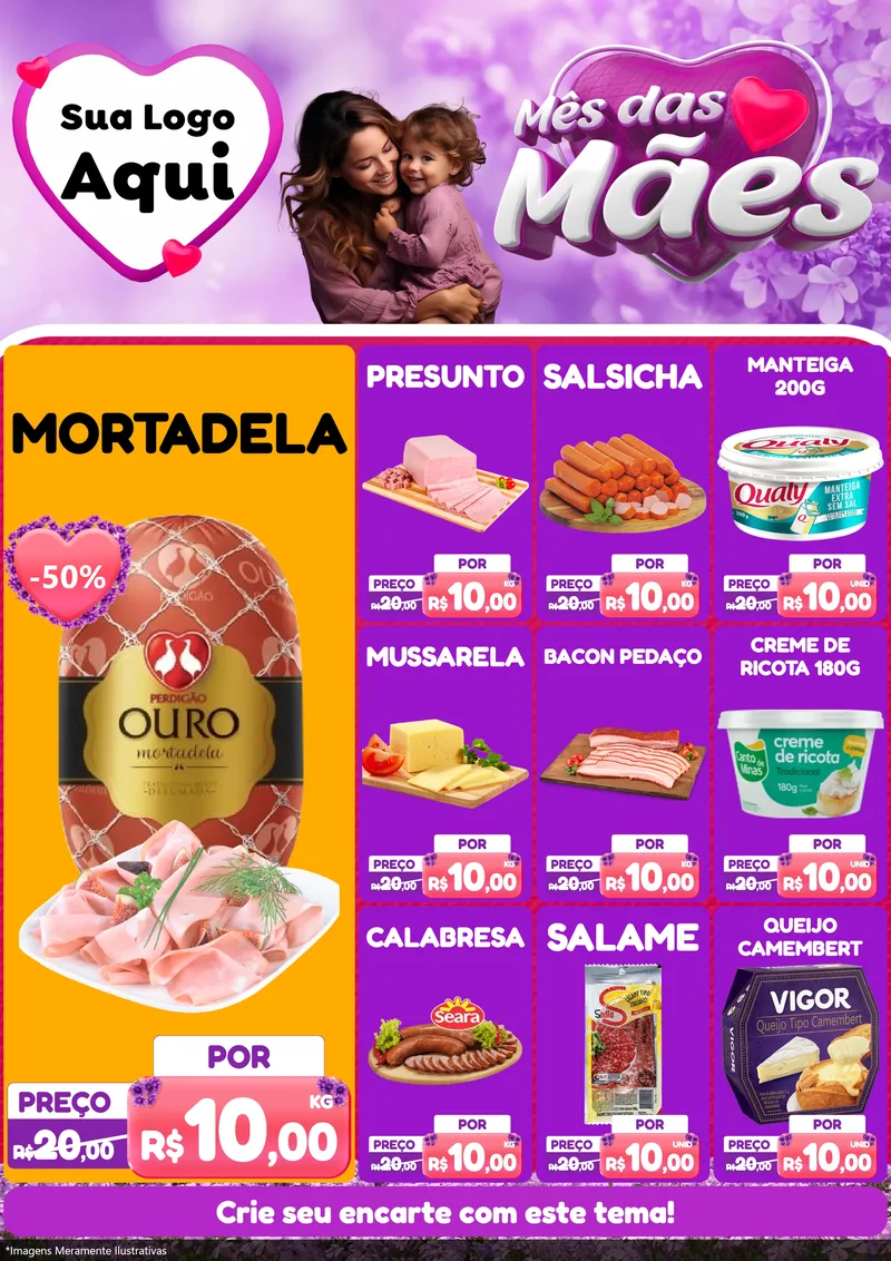 Modelo de Encarte para Encarte A4 Vertical com o tema Mês das Mães para Frios e Laticínios