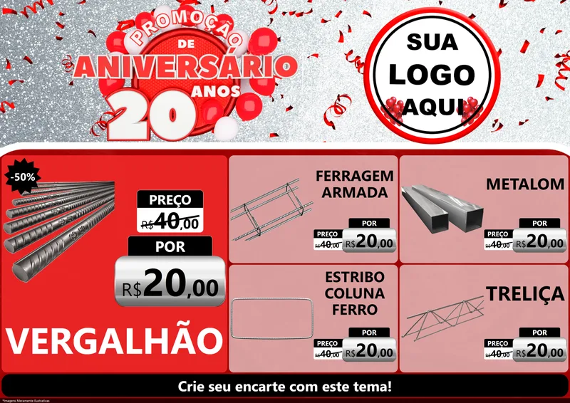 Modelo de Encarte para Encarte A4 Horizontal com o tema Promoção de Aniversário - 20 Anos para Ferragens