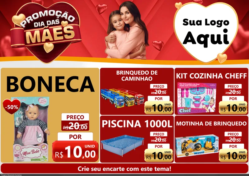 Modelo de Encarte para Encarte A4 Horizontal com o tema Promoção Dia das Mães para Brinquedos