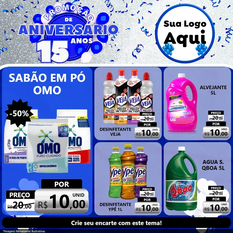 Modelo de Rede Social para Feed Facebook com o tema Promoção de Aniversário - 15 Anos para Produtos de Limpeza