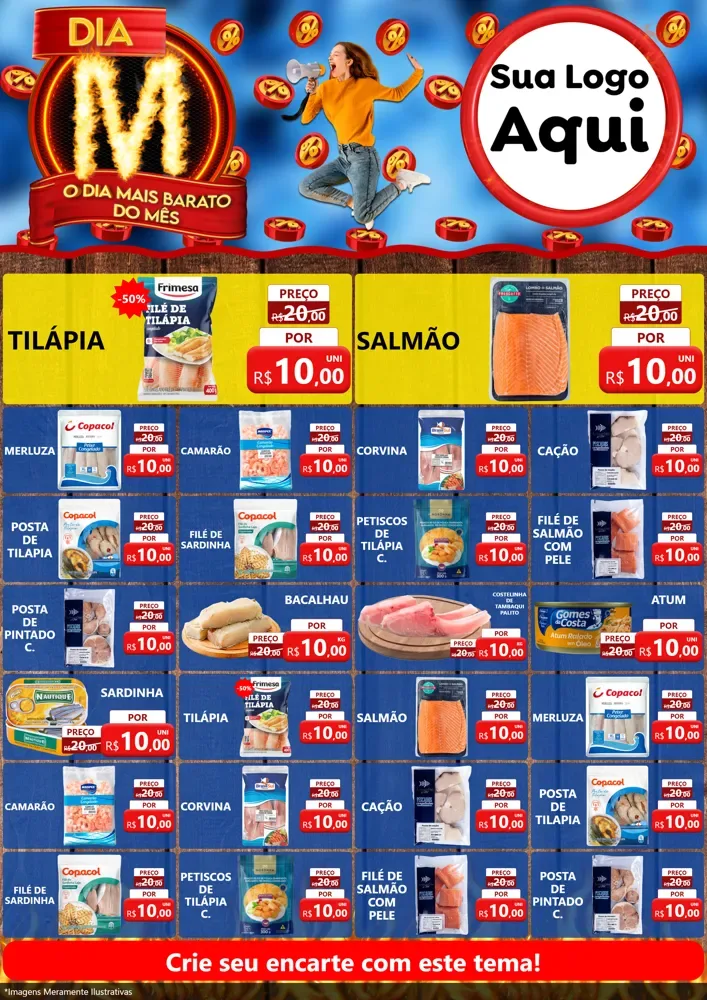 Modelo de Encarte para Encarte A4 Vertical com o tema Dia M - O Dia Mais Barato Do Mês para Peixaria