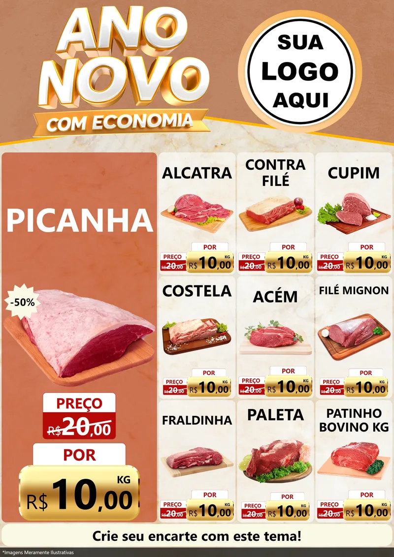 Modelo de Encarte para Encarte A4 Vertical com o tema Ano Novo Com Economia para Açougue