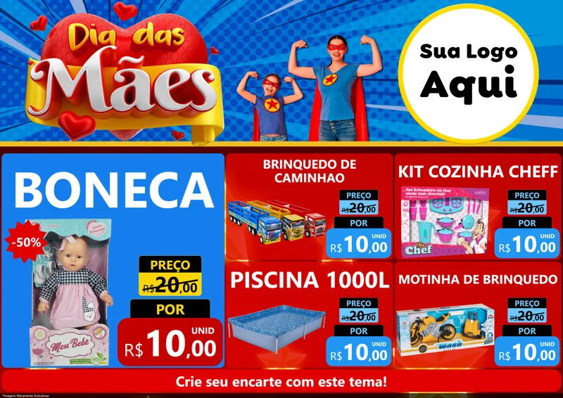 Modelo de Encarte para Encarte A4 Horizontal com o tema Dia das Mães para Brinquedos