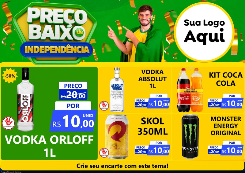 Modelo de Encarte para Encarte A4 Horizontal com o tema Preço Baixo de Independência para Distribuidora de bebidas