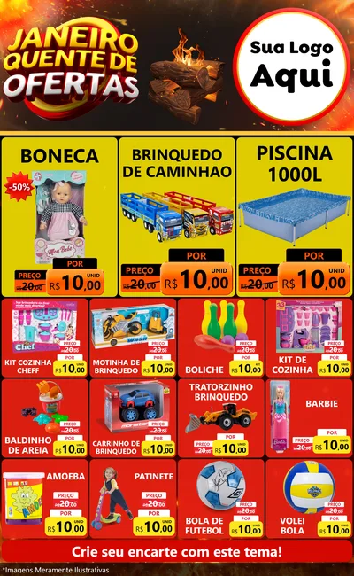 Modelo de Encarte para Encarte Grande com o tema Janeiro Quente de Ofertas para Brinquedos