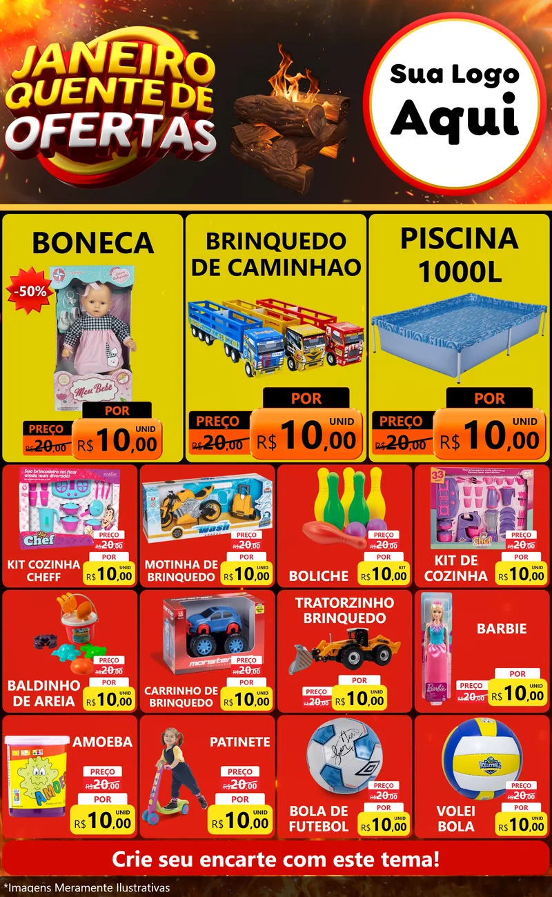 Modelo de Encarte para Encarte Grande com o tema Janeiro Quente de Ofertas para Brinquedos