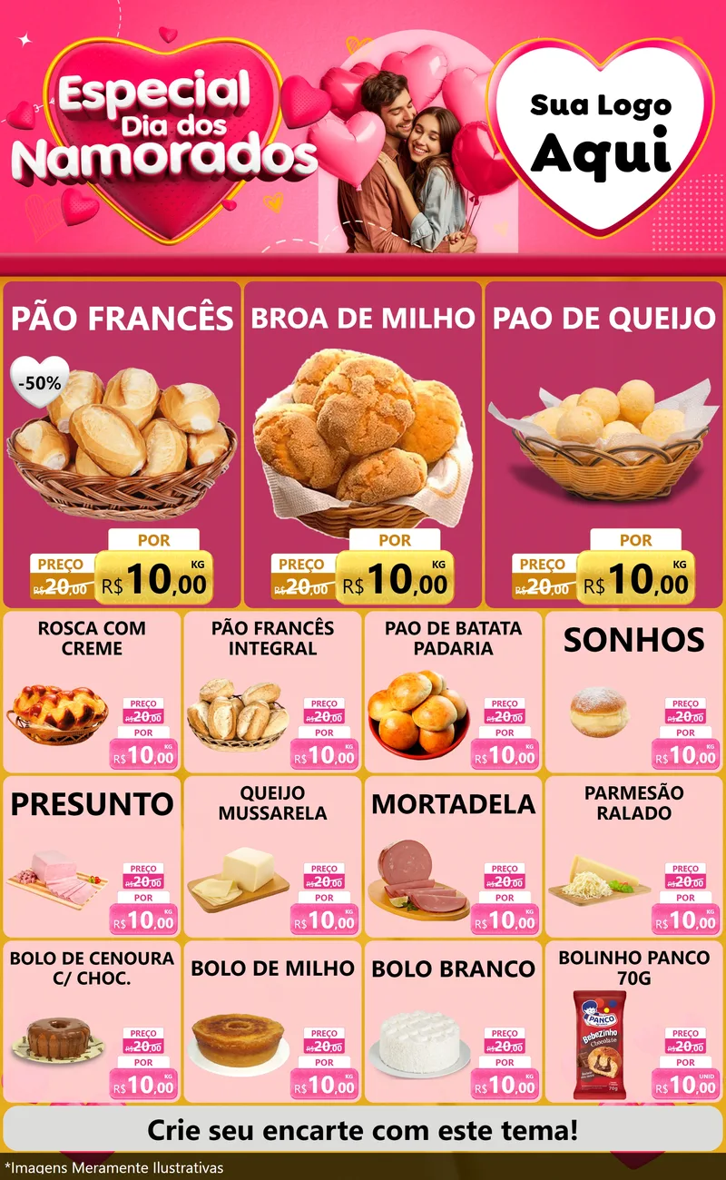 Modelo de Encarte para Encarte Grande com o tema Especial Dia dos Namorados para Padaria