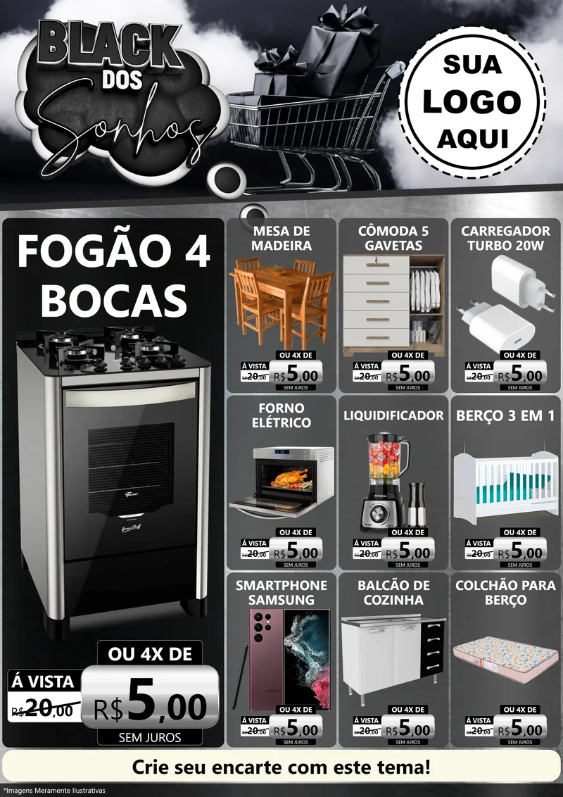Modelo de Encarte para Encarte A4 Vertical com o tema Black dos Sonhos para Móveis e Eletro
