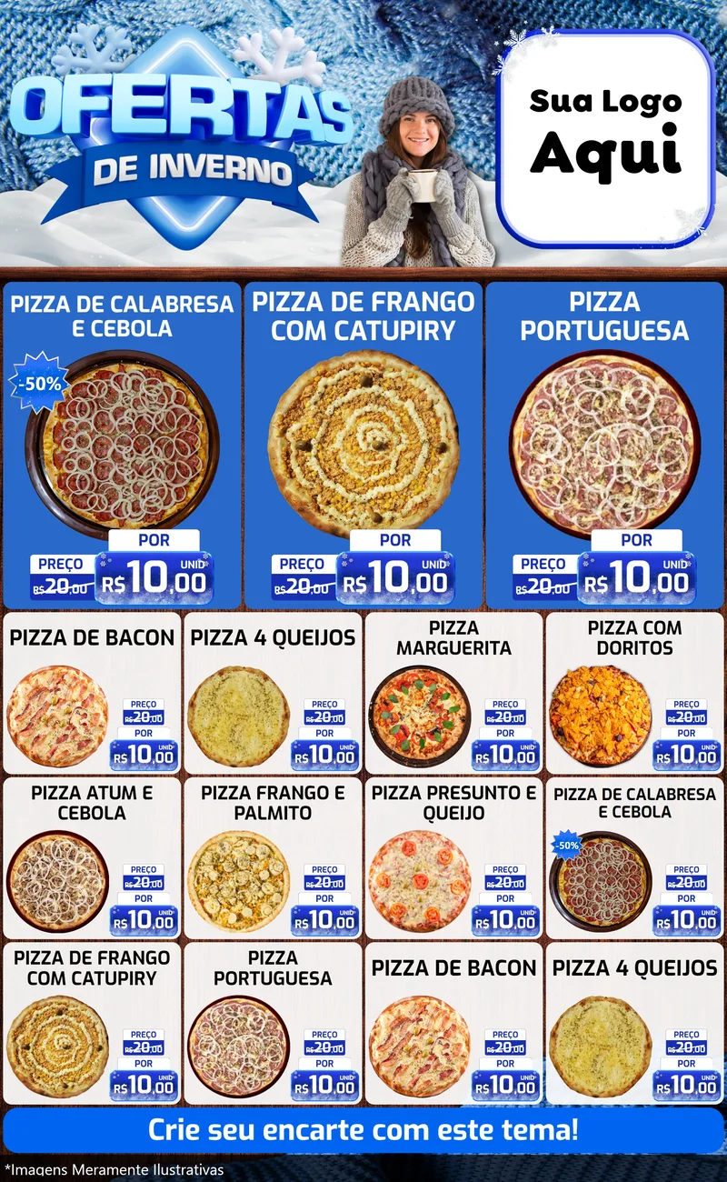 Modelo de Encarte para Encarte Grande com o tema Ofertas de Inverno para Pizzaria