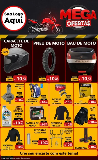 Modelo de Encarte para Encarte Grande com o tema Mega Ofertas - Motopeças para Moto peças