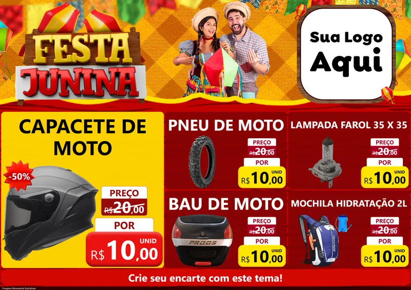 Modelo de Encarte para Encarte A4 Horizontal com o tema Festa Junina para Moto peças