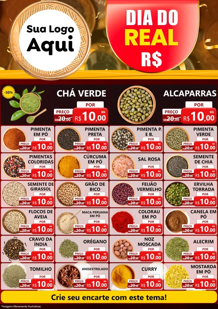 Modelo de Encarte para Encarte A4 Vertical com o tema Dia do Real para Produtos Naturais