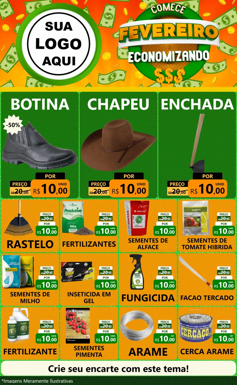 Modelo de Encarte para Encarte Grande com o tema Comece Fevereiro Economizando para Agropecuária