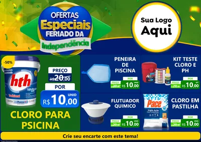 Modelo de Encarte para Encarte A4 Horizontal com o tema Ofertas Especiais Feriado da Independência para Produtos para Piscina