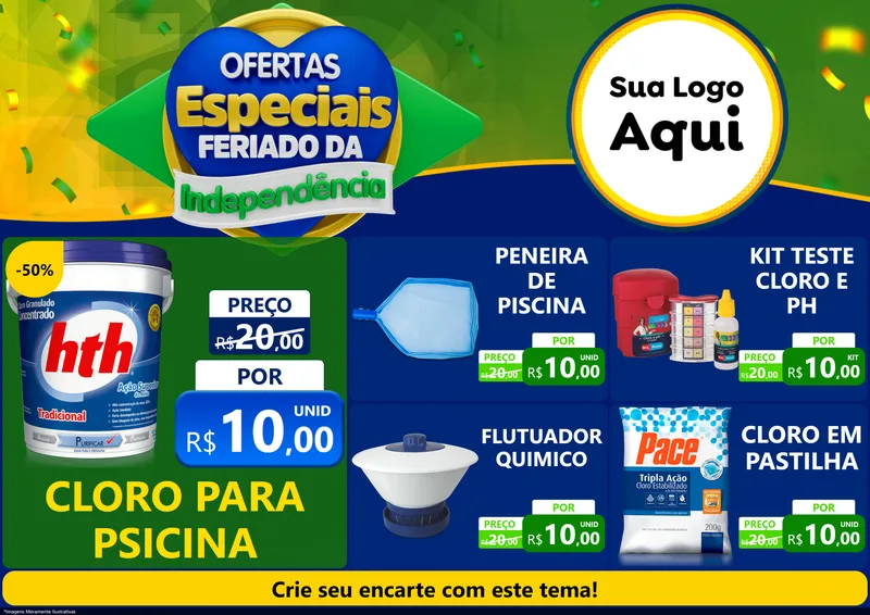 Modelo de Encarte para Encarte A4 Horizontal com o tema Ofertas Especiais Feriado da Independência para Produtos para Piscina