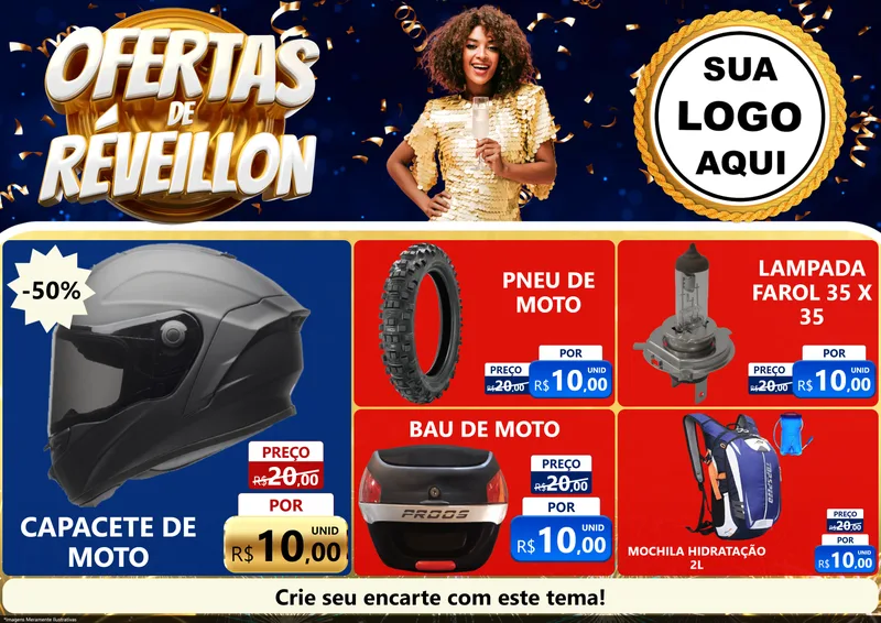 Modelo de Encarte para Encarte A4 Horizontal com o tema Ofertas de Réveillon para Moto peças