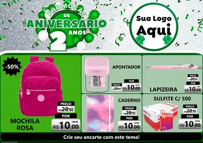 Modelo de Encarte para Encarte A4 Horizontal com o tema Promoção de Aniversário - 2 Anos para Papelaria