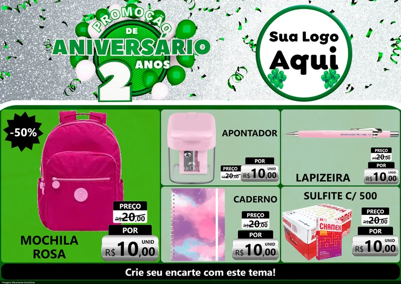 Modelo de Encarte para Encarte A4 Horizontal com o tema Promoção de Aniversário - 2 Anos para Papelaria