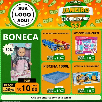 Modelo de Rede Social para Feed Facebook com o tema Comece Janeiro Economizando para Brinquedos