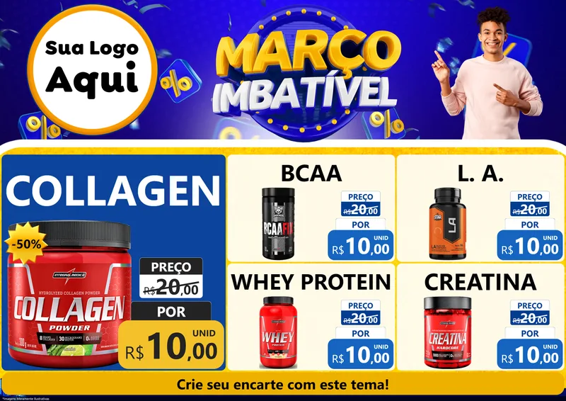 Modelo de Encarte para Encarte A4 Horizontal com o tema Março Imbatível para Suplementos alimentares