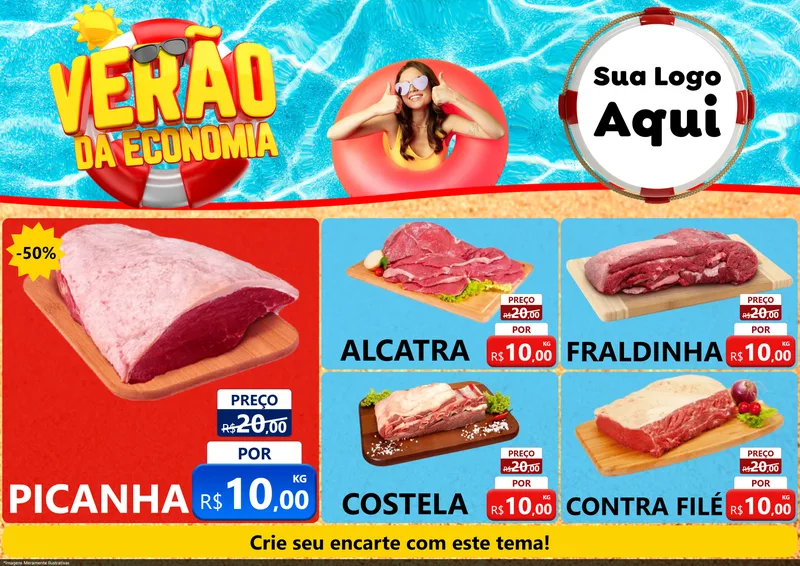 Modelo de Encarte para Encarte A4 Horizontal com o tema Verão da Economia para Açougue