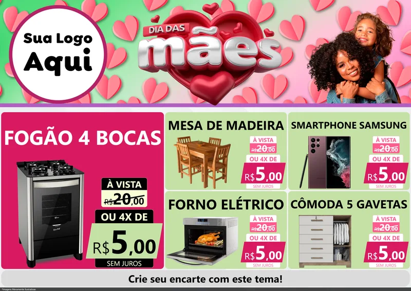 Modelo de Encarte para Encarte A4 Horizontal com o tema Dia das Mães para Móveis e Eletro