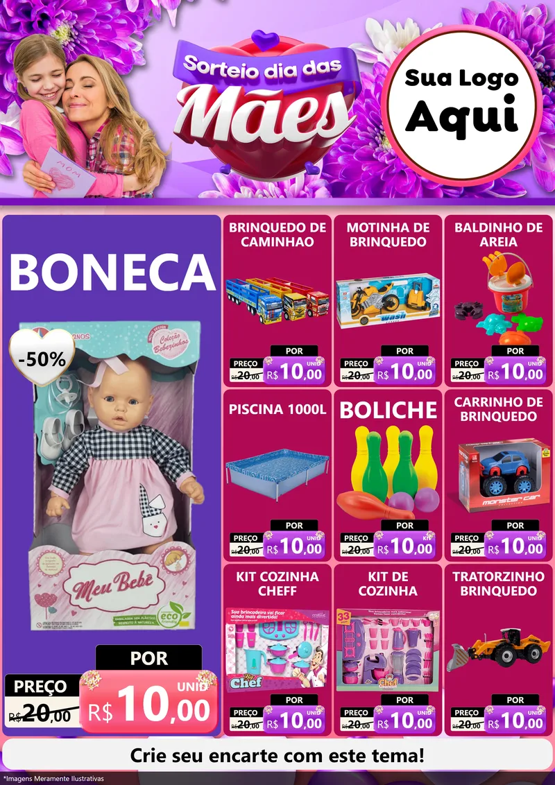Modelo de Encarte para Encarte A4 Vertical com o tema Sorteio Dia das Mães para Brinquedos