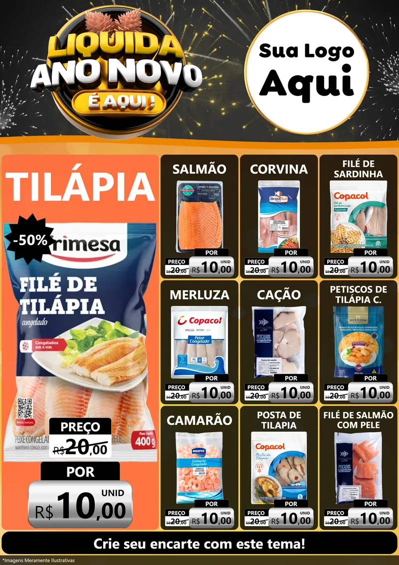 Modelo de Encarte para Encarte A4 Vertical com o tema Liquida Ano Novo É Aqui! para Peixaria