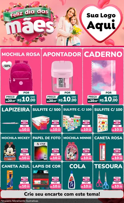 Modelo de Encarte para Encarte Grande com o tema Feliz Dia das Mães para Papelaria