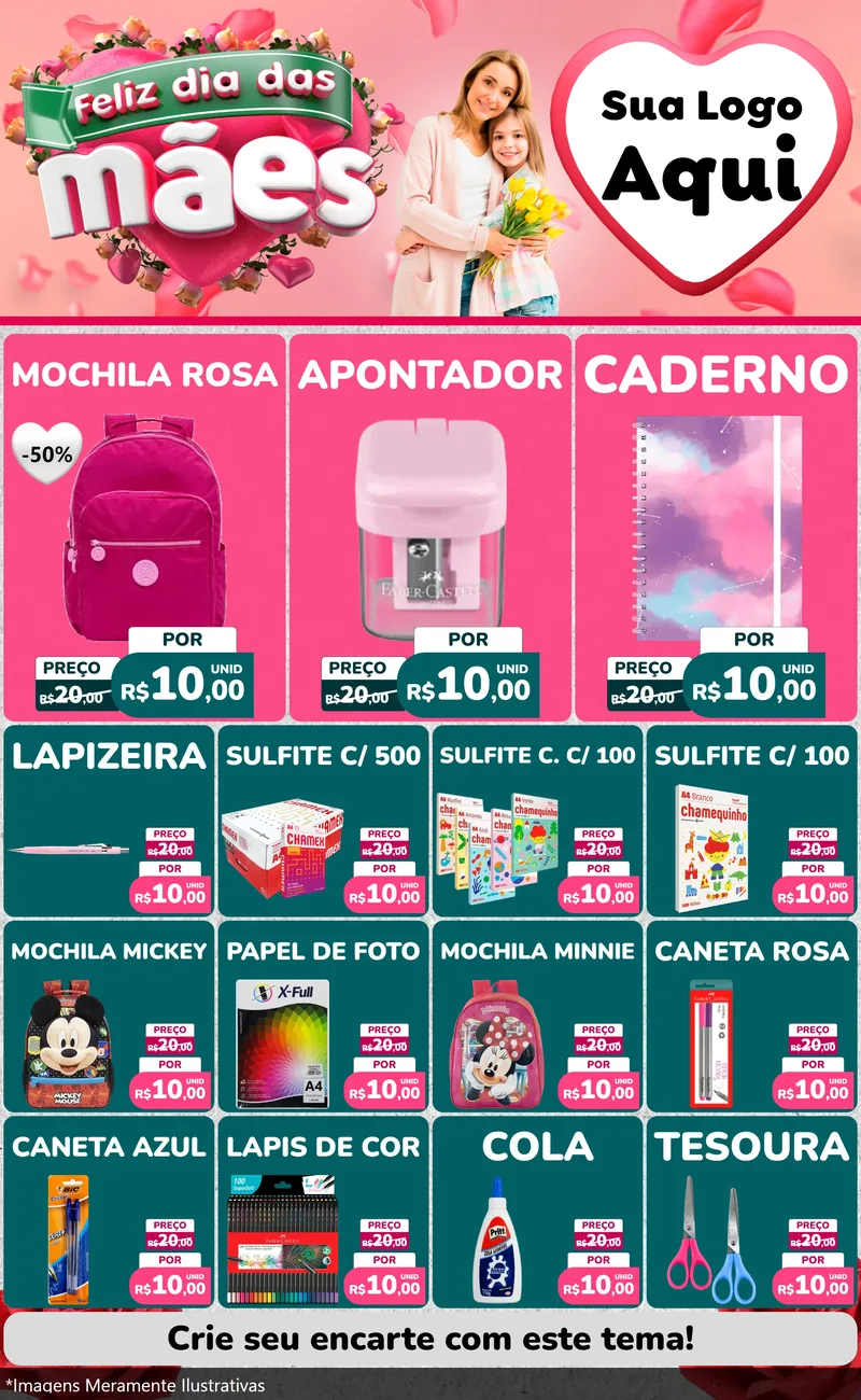 Modelo de Encarte para Encarte Grande com o tema Feliz Dia das Mães para Papelaria