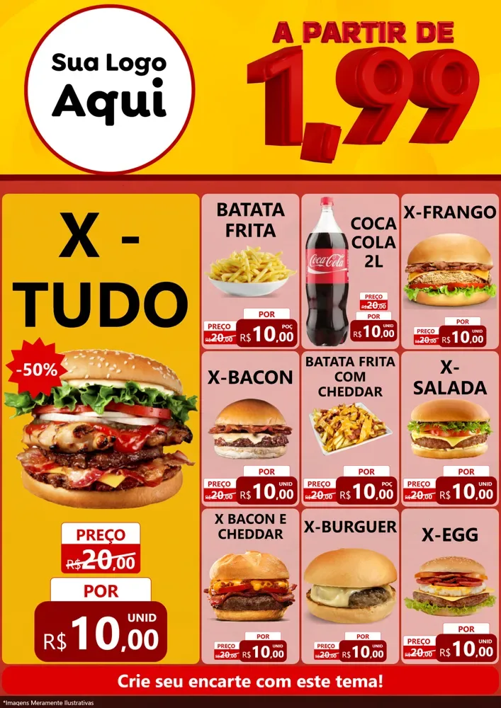 Modelo de Encarte para Encarte A4 Vertical com o tema A Partir de Um e Noventa e Nove - 1,99 para Hamburgueria