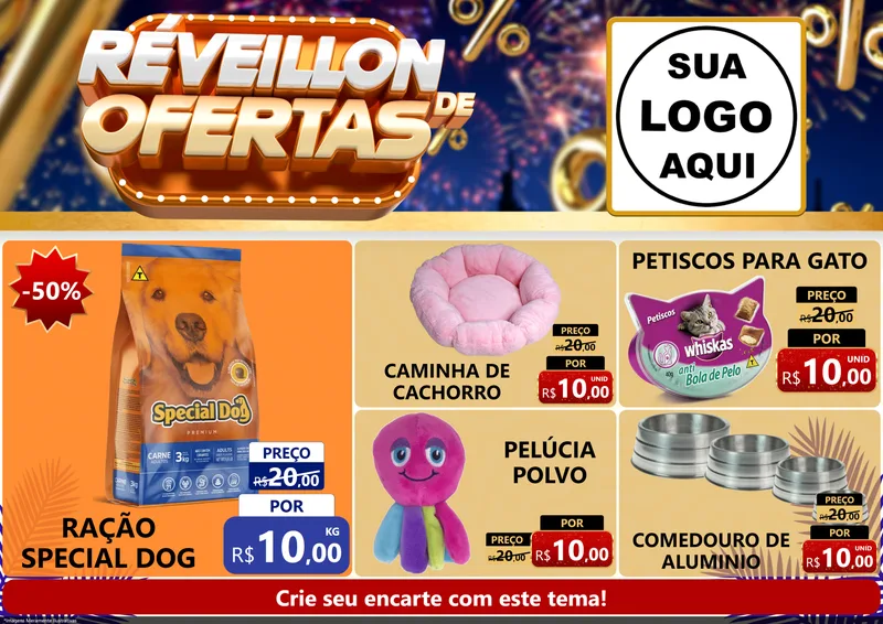 Modelo de Encarte para Encarte A4 Horizontal com o tema Réveillon de Ofertas para Pet Shop