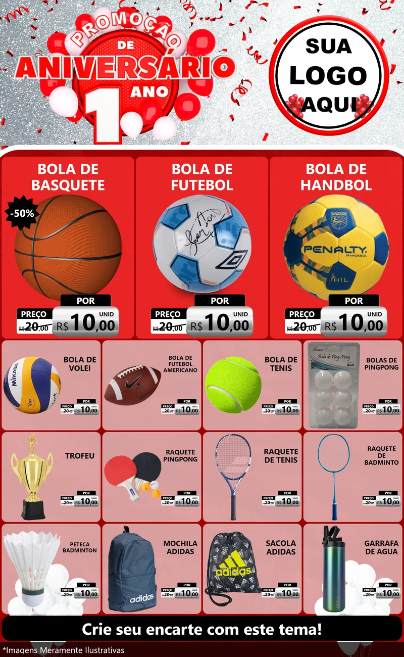 Modelo de Encarte para Encarte Grande com o tema Promoção de Aniversário - 1 Ano para Artigos Esportivos