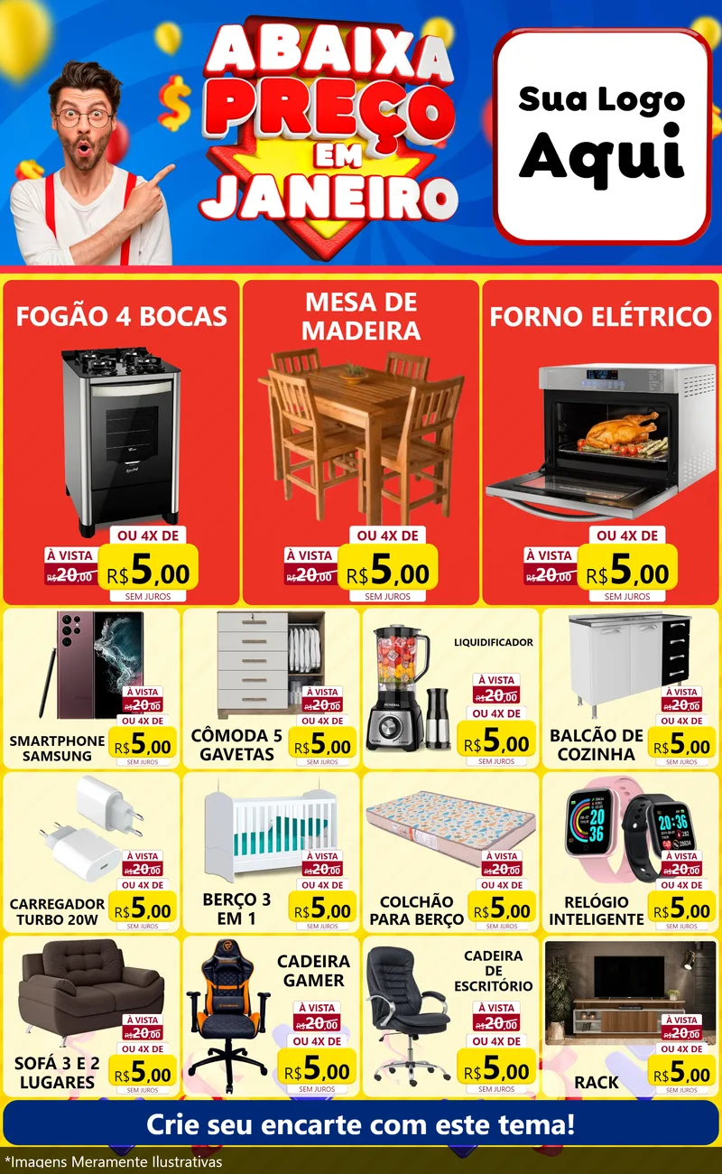 Modelo de Encarte para Encarte Grande com o tema Abaixa Preço em Janeiro para Móveis e Eletro