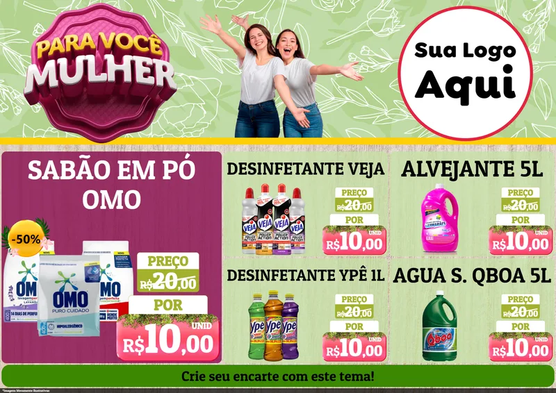 Modelo de Encarte para Encarte A4 Horizontal com o tema Para Você Mulher para Produtos de Limpeza