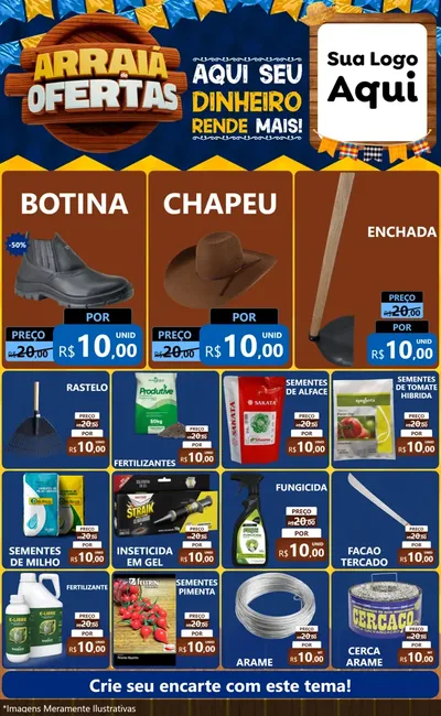 Modelo de Encarte para Encarte Grande com o tema Arraiá de Ofertas - Junina para Agropecuária