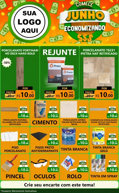 Modelo de Encarte para Encarte Grande com o tema Comece Junho Economizando para Pisos e revestimentos
