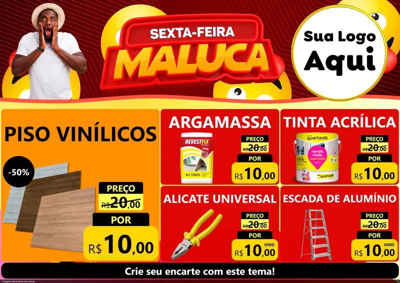 Modelo de Encarte para Encarte A4 Horizontal com o tema Sexta-feira Maluca para Material para Construção