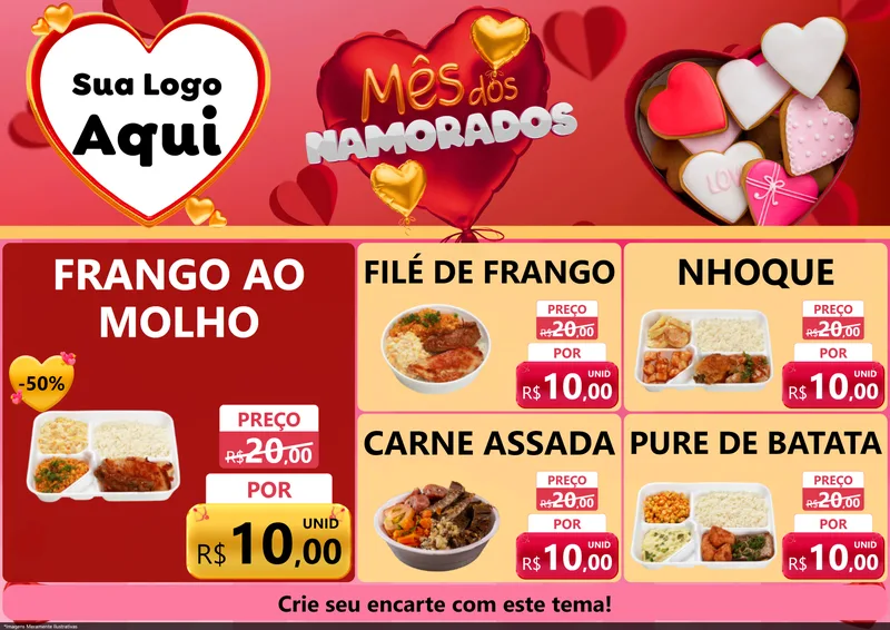 Modelo de Encarte para Encarte A4 Horizontal com o tema Mês dos Namorados para Restaurante