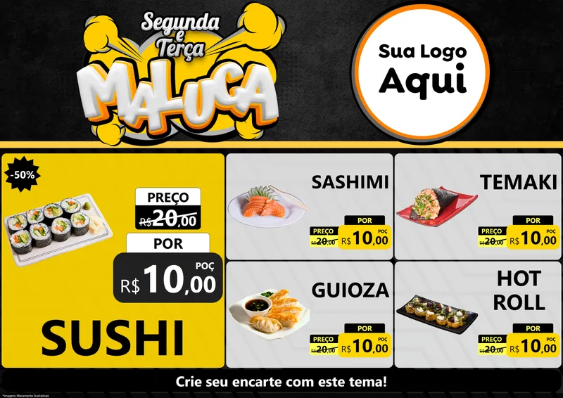 Modelo de Encarte para Encarte A4 Horizontal com o tema Segunda e Terça Maluca para Comida japonesa